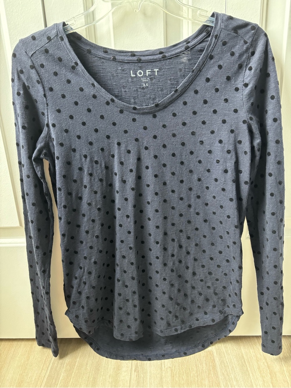LOFT Outlet XS Navy Blue Long Sleeve Top with Black Polka Dots